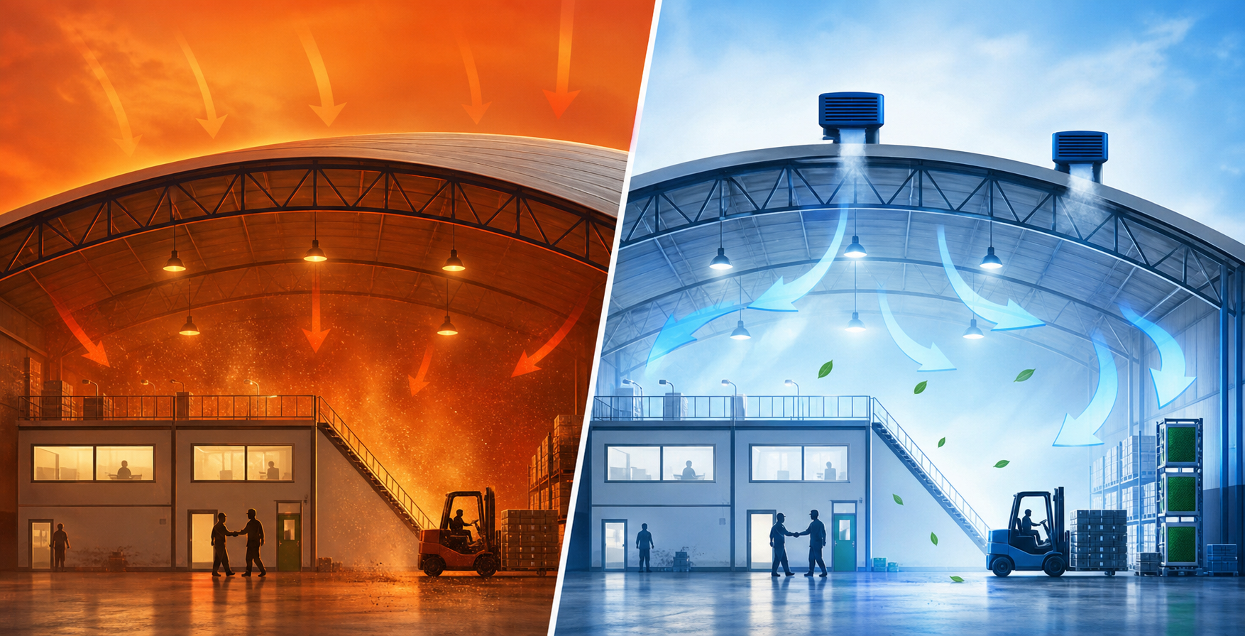 Comparaci&oacute;n de temperatura interior de un galpón industrial con y sin climatizaci&oacute;n Airmagic